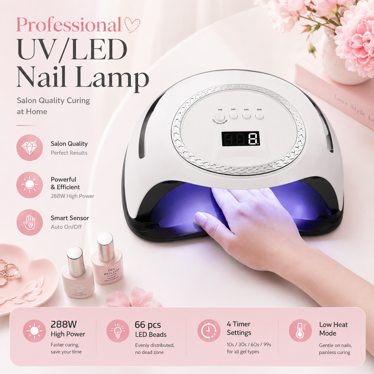 288W UV LED Nail Lamp, Professional Gel Nail Dryer with 66 LED Beads, Auto Sensor 4 Timer Low Heat Mode for Home Salon Manicure Pedicure
