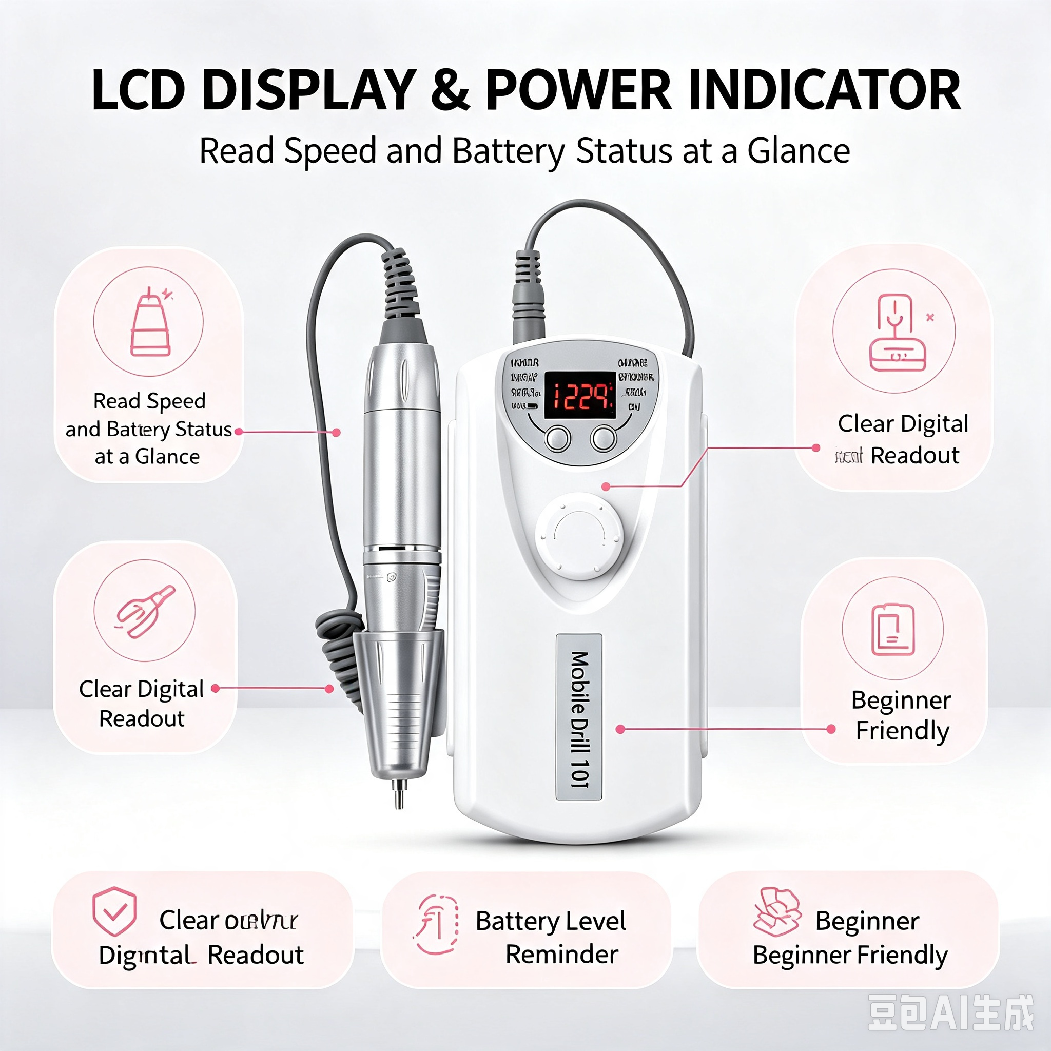 Portable Electric Nail Drill Machine, 35000RPM Rechargeable E-file Nail Drill with LCD Display, Low Noise Low Vibration for Gel Removal, Cuticle Care, Home and Salon Use