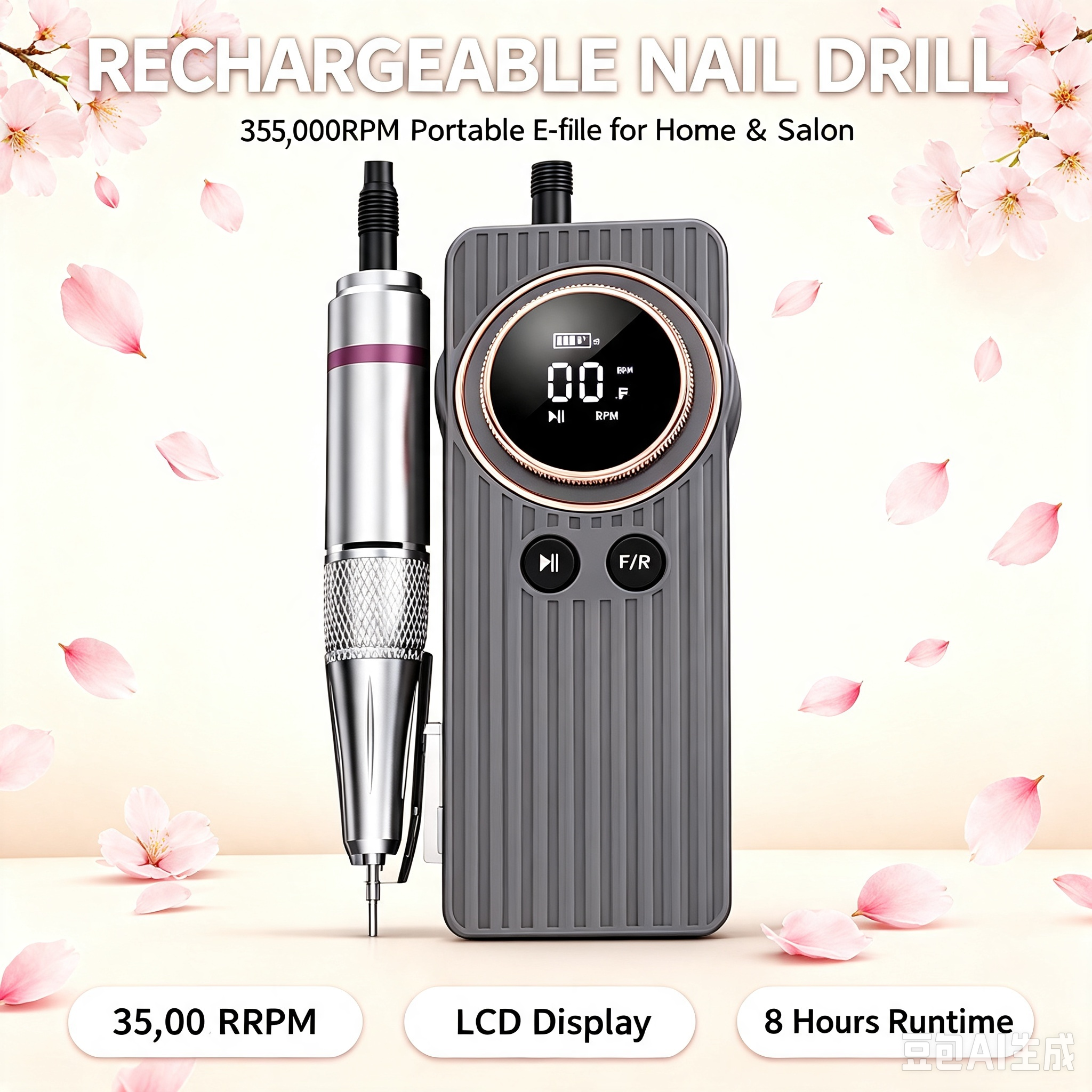 Rechargeable Nail Drill Machine, 35000RPM Portable Electric E-file with LCD Display, 8 Hours Runtime, Low Vibration for Gel Removal, Cuticle Care, Home and Salon Use