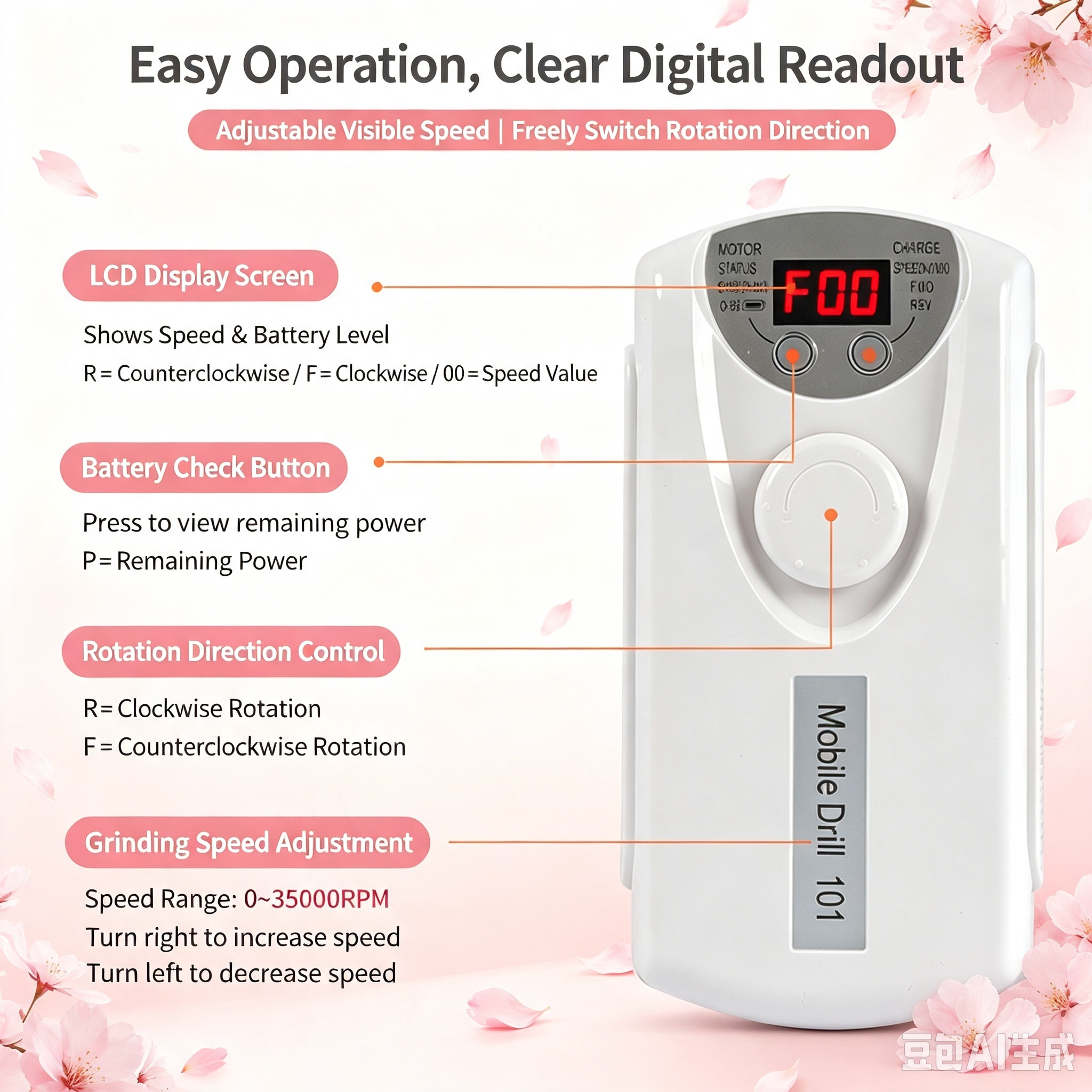 Portable Electric Nail Drill Machine, 35000RPM Rechargeable E-file Nail Drill with LCD Display, Low Noise Low Vibration for Gel Removal, Cuticle Care, Home and Salon Use